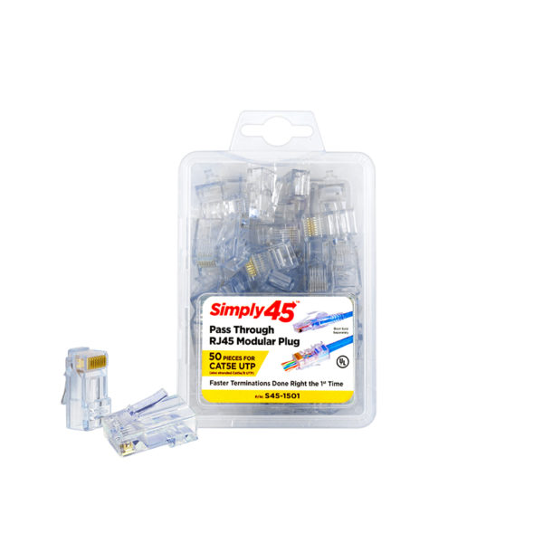 S45-1501 - Simply45® Cat5e Unshielded Pass-Through RJ45 Modular Plugs 50 pc Clamshell