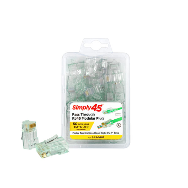 S45-1601 - Simply45® Cat6 Unshielded Pass-Through RJ45 Modular Plugs 50 pc Clamshell