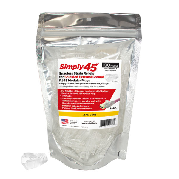 S45-B003 – Strain Reliefs for Simply45® Shielded External Ground for Pass-Through & Standard RJ45 – 100 pc/Resealable Bag