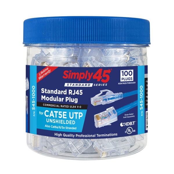 S45-1000 - Simply45® Cat5e Unshielded Standard Series RJ45 Modular Plugs 100 pc/Jar