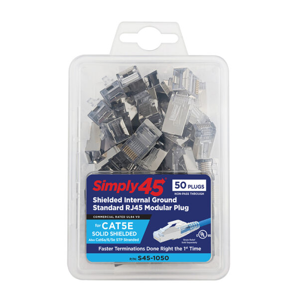 S45-1050 - Simply45® Cat5e Shielded Internal Ground Standard Series RJ45 Modular Plugs. 50 pc Clamshell