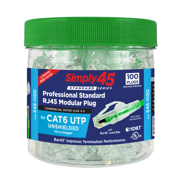 S45-1100 - Simply45® Cat6 Unshielded Standard Series RJ45 Modular Plugs. 100 pc/Jar