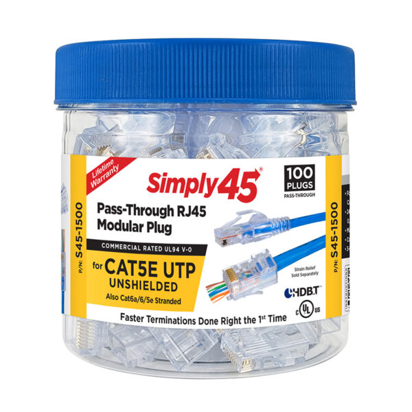 S45-1500 - Simply45® Cat5e Unshielded Pass-Through RJ45 Modular Plugs 100 pc/Jar