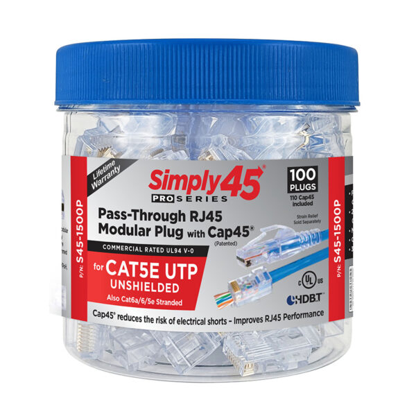 S45-1500P - Simply45® ProSeries Cat5e Unshielded Pass-Through RJ45 Modular Plugs with Cap45® 100 pc/Jar
