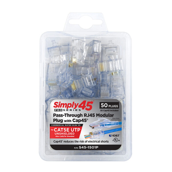 S45-1501P - Simply45® ProSeries Cat5e Unshielded Pass-Through RJ45 Modular Plugs with Cap45® 50 pc Clamshell