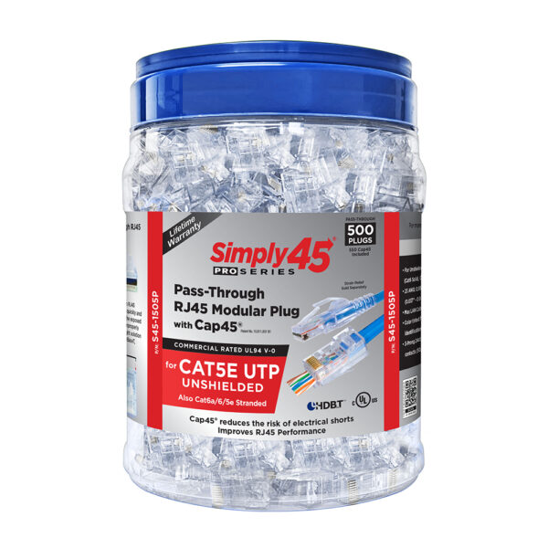 S45-1505P – Simply45® ProSeries Cat5e Unshielded Pass-Through RJ45 Modular Plugs with Cap45® 500 pc/Jar