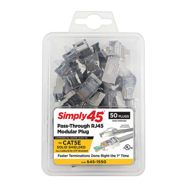 S45-1550 - Simply45® Cat5e Shielded Internal Ground Pass-Through RJ45 Modular Plugs 50 pc Clamshell