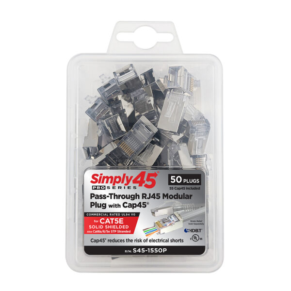 S45-1550P - Simply45® Cat5e Solid Shielded Pass-Through RJ45 Modular Plugs with Cap45® 50 pc Clamshell