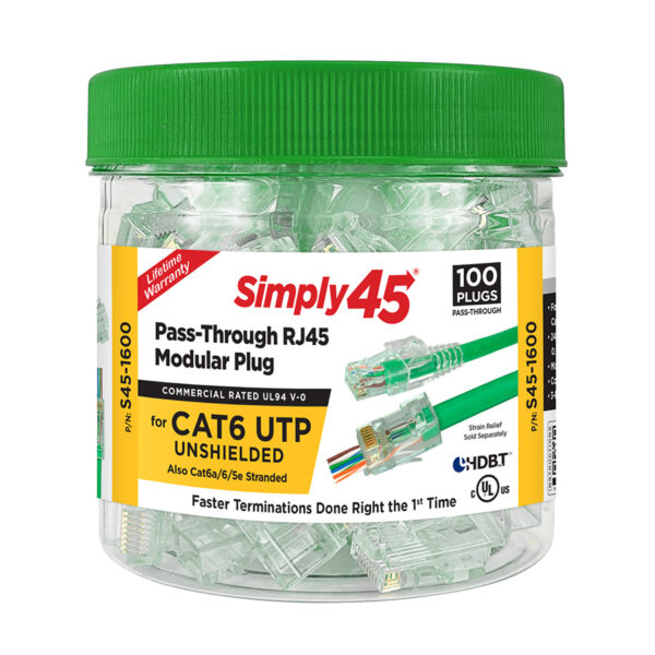 S45-1600 - Simply45® Cat6 Unshielded Pass-Through RJ45 Modular Plugs 100 pc/Jar