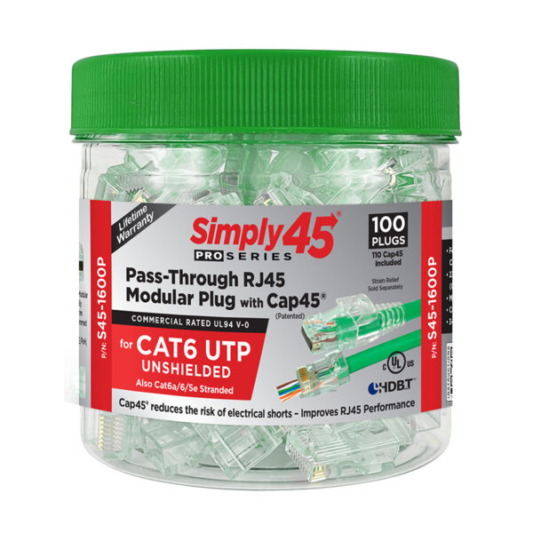 S45-1600P - Simply45® ProSeries Cat6 Unshielded Pass-Through RJ45 Modular Plugs with Cap45® 100 pc/Jar