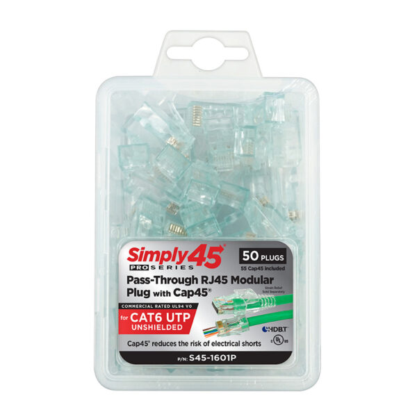 S45-1601P - Simply45® ProSeries Cat6 Unshielded Pass-Through RJ45 Modular Plugs with Cap45® 50 pc Clamshell