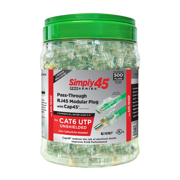 S45-1605P – Simply45® ProSeries Cat6 Unshielded Pass-Through RJ45 Modular Plugs with Cap45® 500 pc/Jar