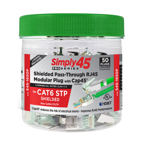 S45-1650P - Simply45® ProSeries Cat6 Shielded External Ground Pass-Through RJ45 Modular Plugs with Cap45® 50 pc/Jar