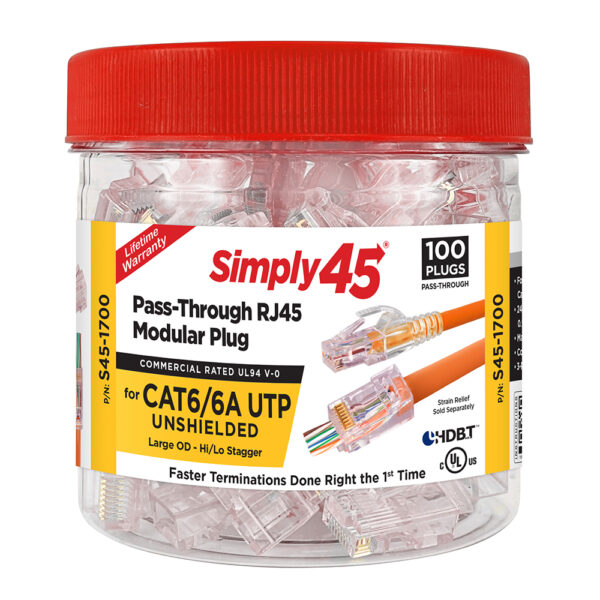 S45-1700 - Simply45® Cat6/6a Unshielded Pass-Through RJ45 Modular Plugs 100 pc/Jar