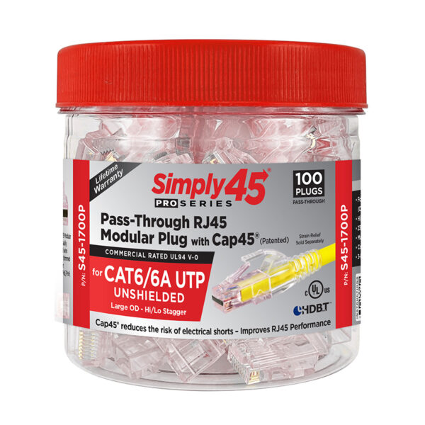 S45-1700P - Simply45® ProSeries Cat6/6a Unshielded Pass-Through RJ45 Modular Plugs with Cap45® 100 pc/Jar