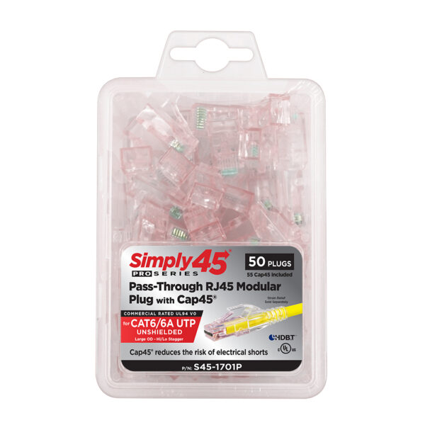 S45-1701P - Simply45® ProSeries Cat6/6a Unshielded Pass-Through RJ45 Modular Plugs with Cap45® 50 pc Clamshell