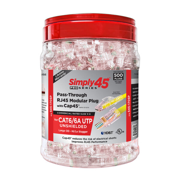 S45-1705P - Simply45® ProSeries Cat6/6a Unshielded Pass-Through RJ45 Modular Plugs with Cap45® 500 pc/Jar