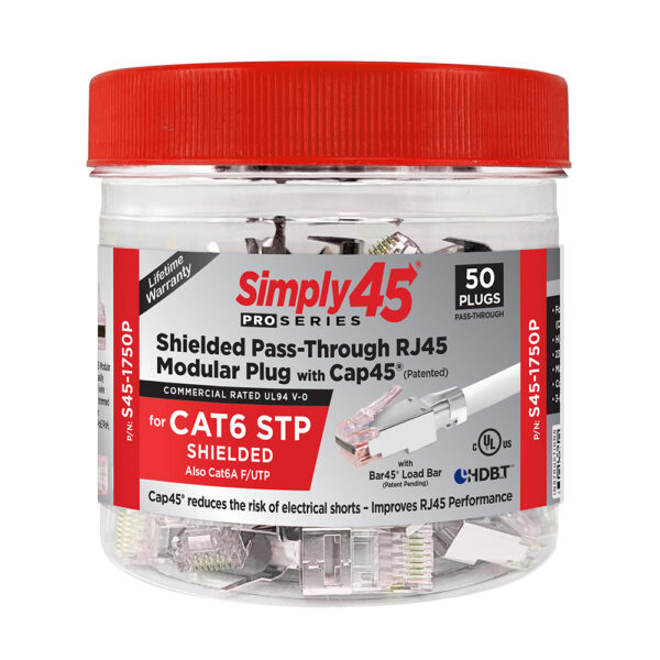 S45-1750P – Simply45® ProSeries Cat6/6a Shielded External Ground – Pass-Through RJ45 with Cap45® & Bar45® 50 pc/Jar