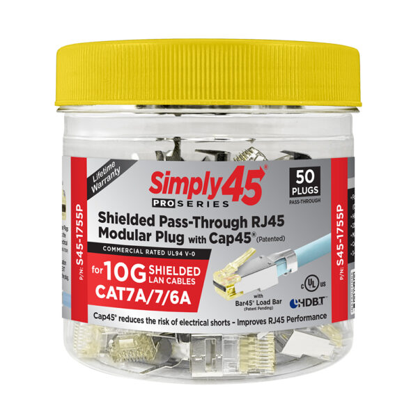 S45-1755P – Simply45® ProSeries 10G Cat6a/7/7a Shielded External Ground – Pass-Through RJ45 with Cap45® & Bar45® 50 pc/Jar