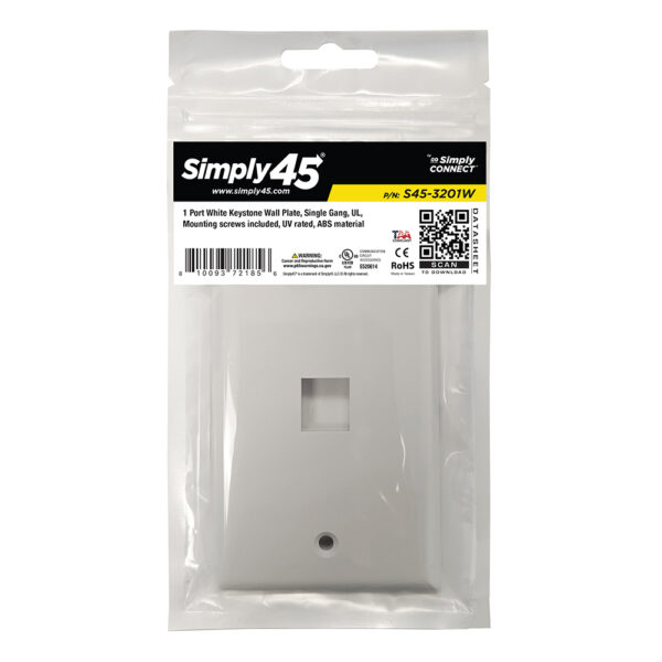 S45-3201W - 1 PORT - KEYSTONE WALL PLATE - STANDARD SINGLE GANG, UL - WHITE - 1 EA/BAG - Image 3
