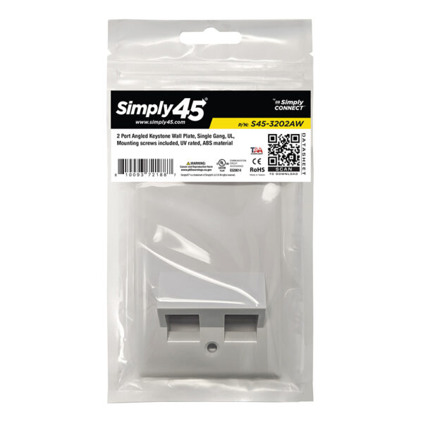 S45-3202AW - 2 PORT ANGLED KEYSTONE WALL PLATE, SINGLE GANG, UL ABS WHITE - 1 EA/BAG - Image 3
