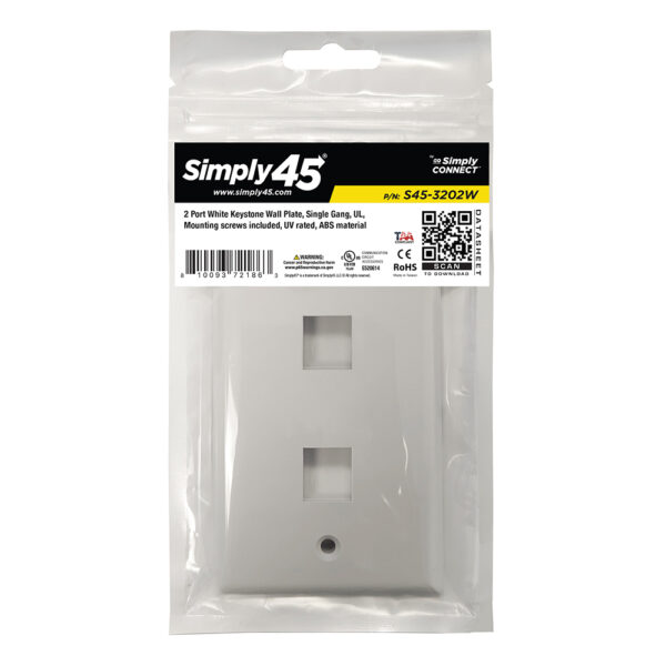 S45-3202W-25 - 2 PORT - KEYSTONE WALL PLATE - STANDARD SINGLE GANG, UL - WHITE - 1EA/Bag, 25/Pack - Image 5