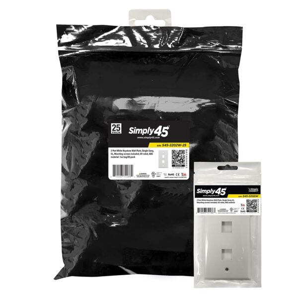 S45-3202W-25 - 2 PORT - KEYSTONE WALL PLATE - STANDARD SINGLE GANG, UL - WHITE - 1EA/Bag, 25/Pack