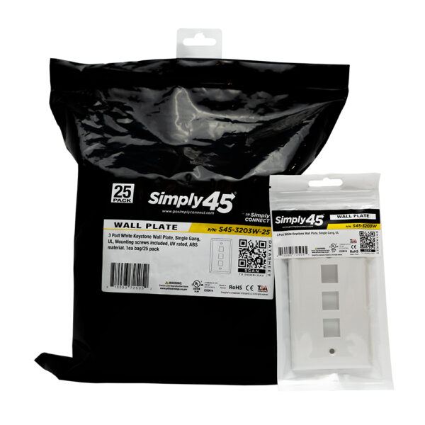 S45-3203W-25 - 3 Port White Keystone Wall Plate, 25 Pack