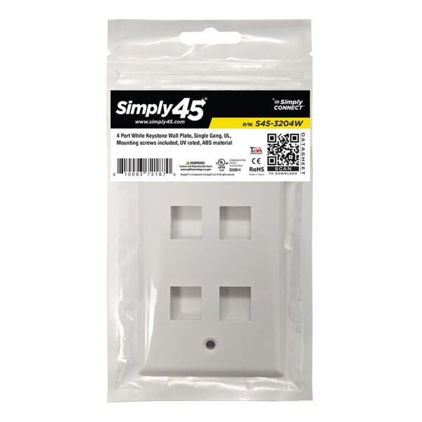 S45-3204W - 4 PORT - KEYSTONE WALL PLATE - STANDARD SINGLE GANG, UL - WHITE - 1 EA/BAG - Image 3