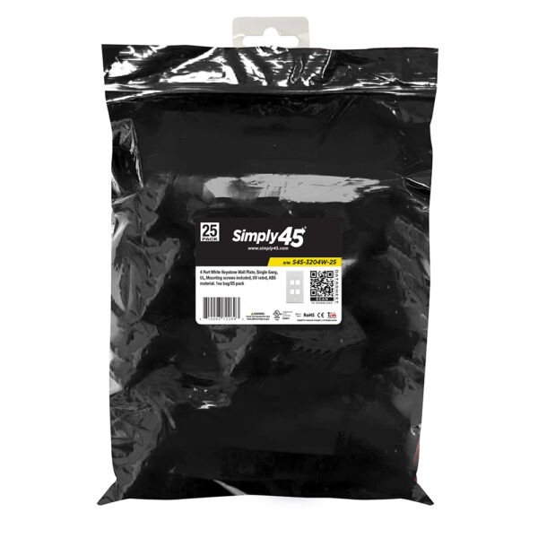S45-3204W-25 - 4 PORT - KEYSTONE WALL PLATE - STANDARD SINGLE GANG, UL - WHITE - 1EA/Bag, 25/Pack - Image 4