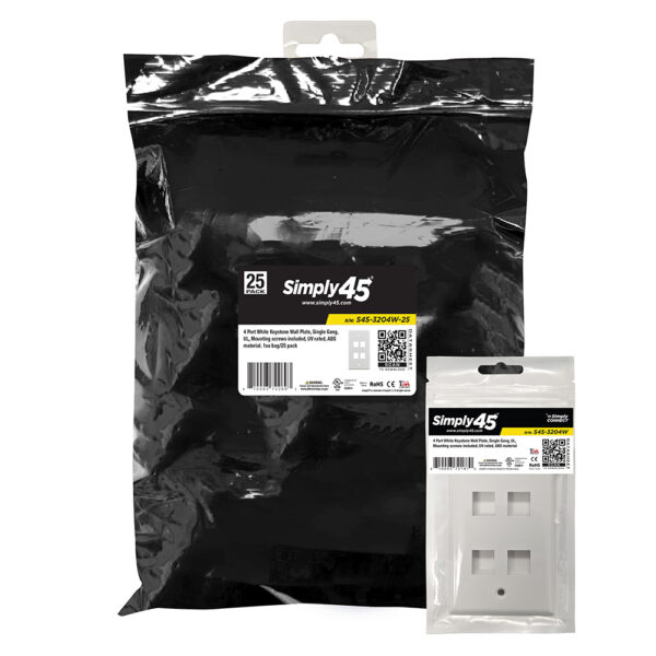 S45-3204W-25 - 4 PORT - KEYSTONE WALL PLATE - STANDARD SINGLE GANG, UL - WHITE - 1EA/Bag, 25/Pack