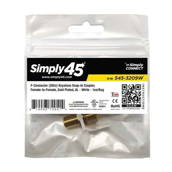 S45-3209W-25 - F-Connector (3Ghz) Keystone Snap-in Inserts - White - 1EA/Bag, 25/Pack - Image 4