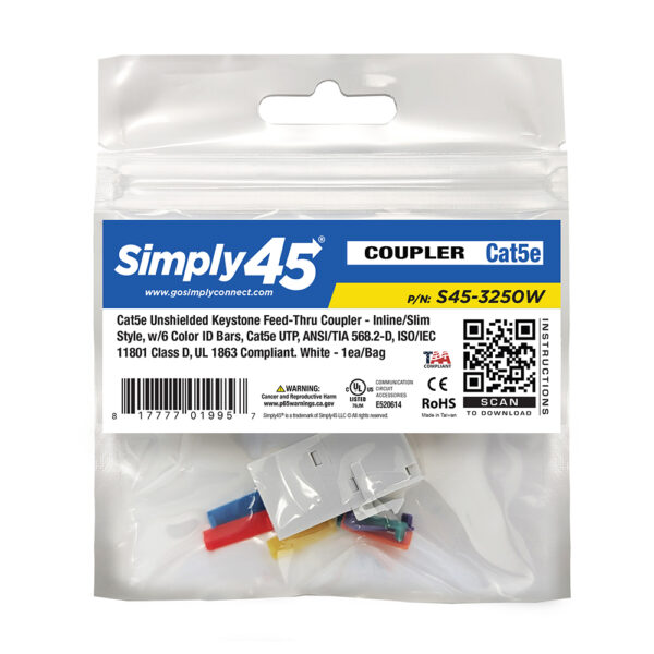 S45-3250W-25 - Cat5e Unshielded Keystone Feed-Thru Coupler - White - 1EA/Bag, 25/Pack - Image 5