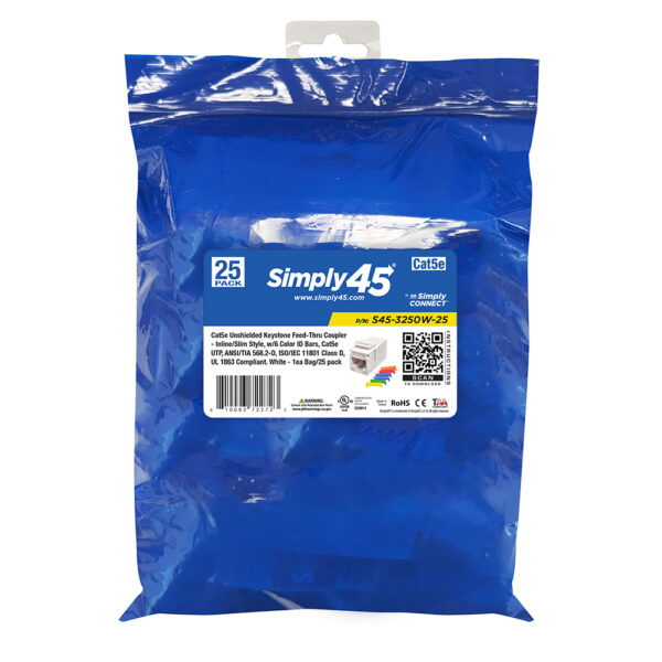 S45-3250W-25 - Cat5e Unshielded Keystone Feed-Thru Coupler - White - 1EA/Bag, 25/Pack - Image 4