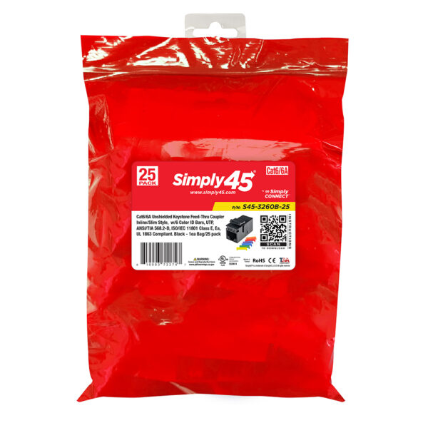 S45-3260B-25 - Cat6 Unshielded Keystone Feed-Thru Coupler - Black - 1EA/Bag, 25/Pack - Image 4