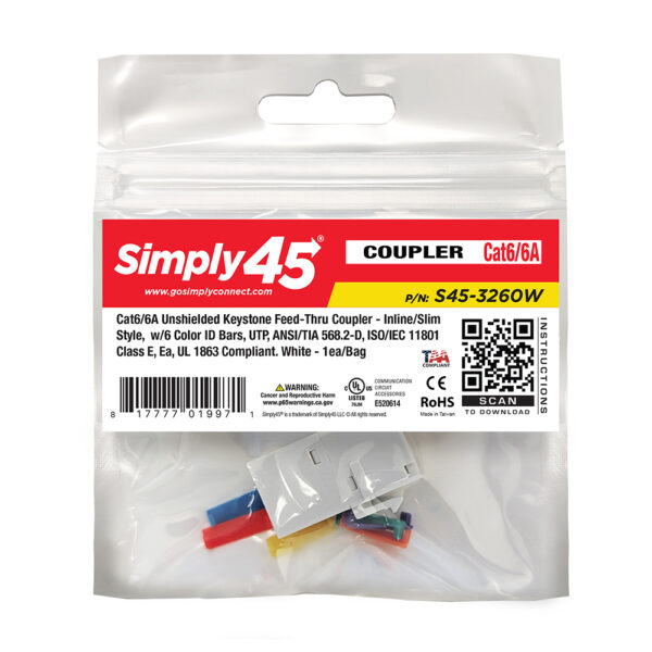 S45-3260W-25 - Cat6 Unshielded Keystone Feed-Thru Coupler - White - 1EA/Bag, 25/Pack - Image 5