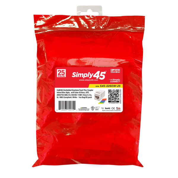 S45-3260W-25 - Cat6 Unshielded Keystone Feed-Thru Coupler - White - 1EA/Bag, 25/Pack - Image 4