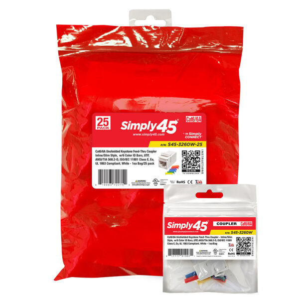 S45-3260W-25 - Cat6 Unshielded Keystone Feed-Thru Coupler - White - 1EA/Bag, 25/Pack