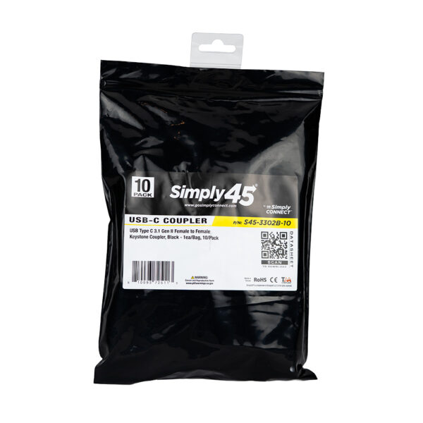 S45-3302B-10 - USB Type C Keystone Coupler, Black, 10 Pack - Image 4
