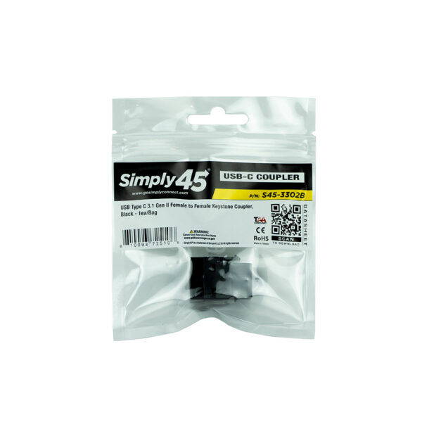 S45-3302B-10 - USB Type C Keystone Coupler, Black, 10 Pack - Image 5