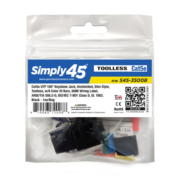 S45-3500B-25 - Cat5e UTP 180 Degree Keystone Jack - Unshielded - Black - 1EA/Bag, 25/Pack - Image 9