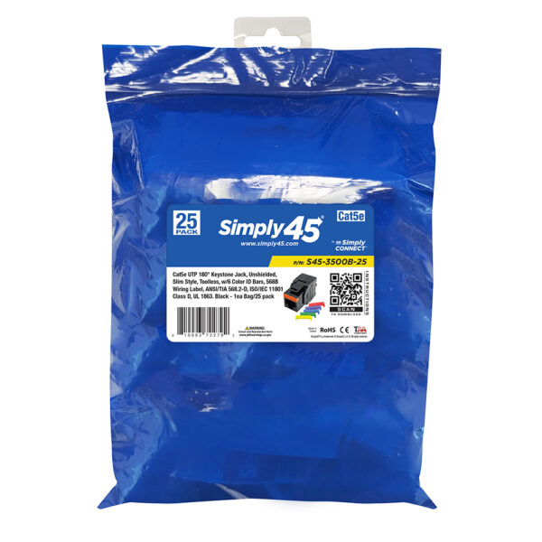 S45-3500B-25 - Cat5e UTP 180 Degree Keystone Jack - Unshielded - Black - 1EA/Bag, 25/Pack - Image 8