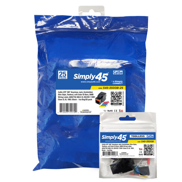 S45-3500B-25 - Cat5e UTP 180 Degree Keystone Jack - Unshielded - Black - 1EA/Bag, 25/Pack