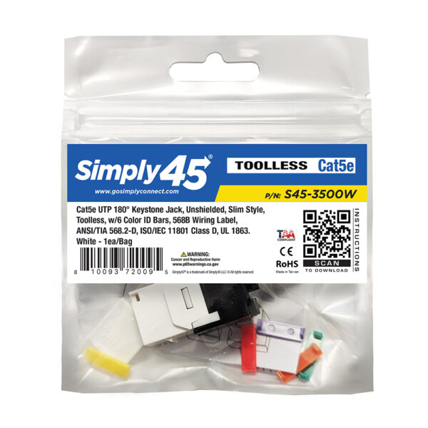 S45-3500W-25 - Cat5e UTP 180 Degree Keystone Jack - Unshielded - White - 1EA/Bag, 25/Pack - Image 8