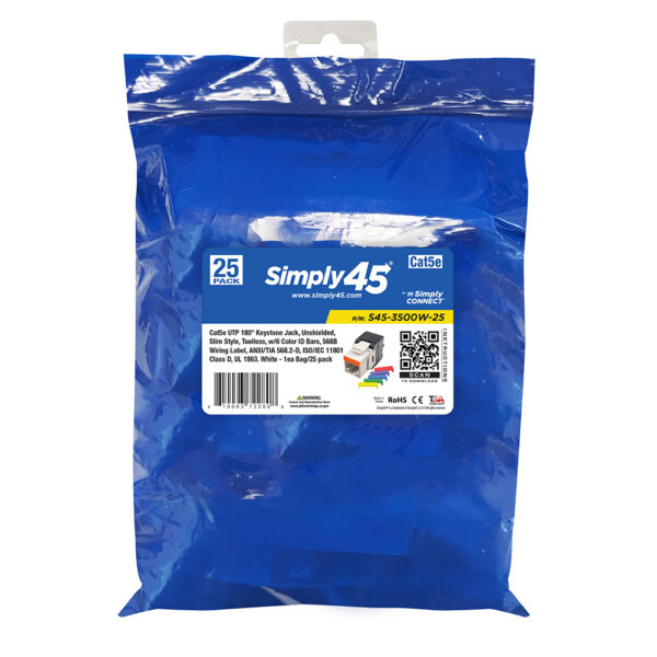 S45-3500W-25 - Cat5e UTP 180 Degree Keystone Jack - Unshielded - White - 1EA/Bag, 25/Pack - Image 7