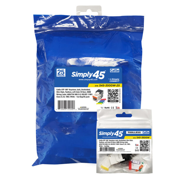 S45-3500W-25 - Cat5e UTP 180 Degree Keystone Jack - Unshielded - White - 1EA/Bag, 25/Pack