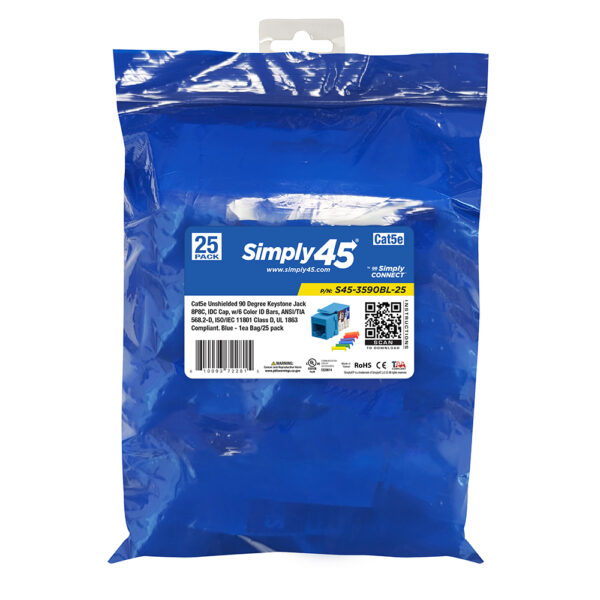 S45-3590BL-25 - Cat5e Unshielded 90 Degree Keystone Jack - Blue - 1EA/Bag, 25/Pack - Image 3