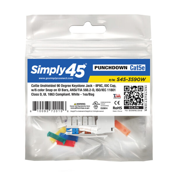 S45-3590W-25 - Cat5e Unshielded 90 Degree Keystone Jack - White - 1EA/Bag, 25/Pack - Image 4