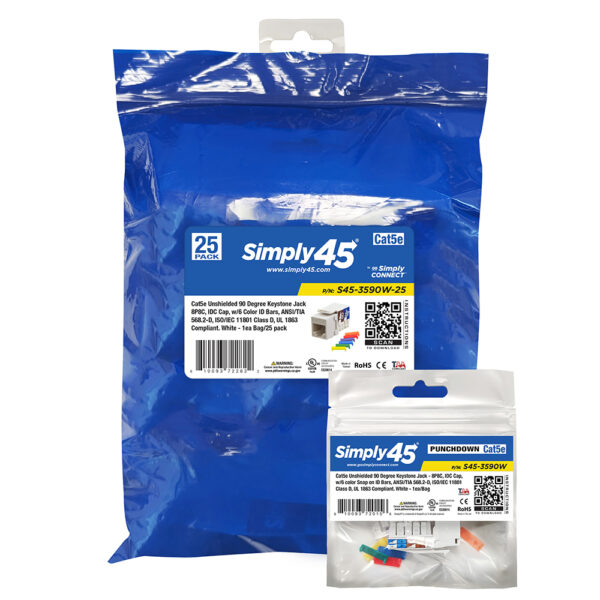 S45-3590W-25 - Cat5e Unshielded 90 Degree Keystone Jack - White - 1EA/Bag, 25/Pack