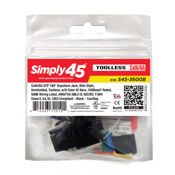 S45-3600B - Cat6/6A UTP 180 Degree Keystone Jack 110 Style - Toolless - Black - Image 3